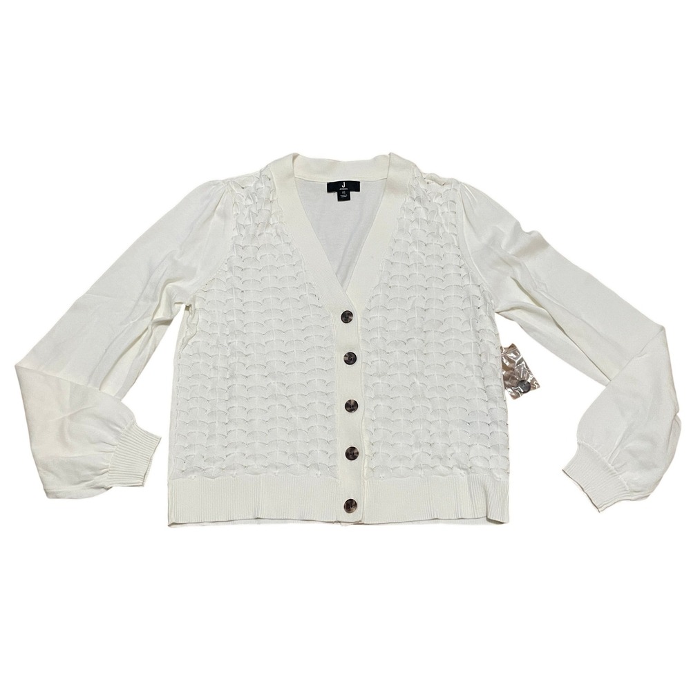 Jason Wu Women's XS White Open Knit Pointelle V-Neck Cardigan Puffed Sleeve